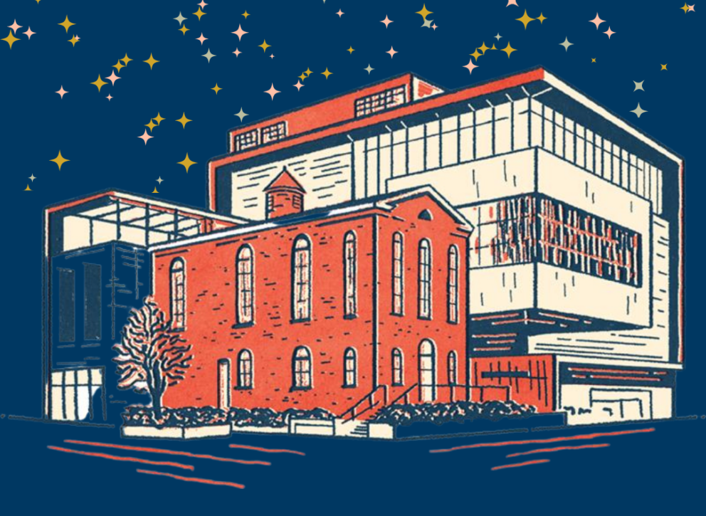 An illustration of the capital Jewish Museum building in red and blue with stars in the sky. It is a historic synagogue in front of a much larger contemporary building. 