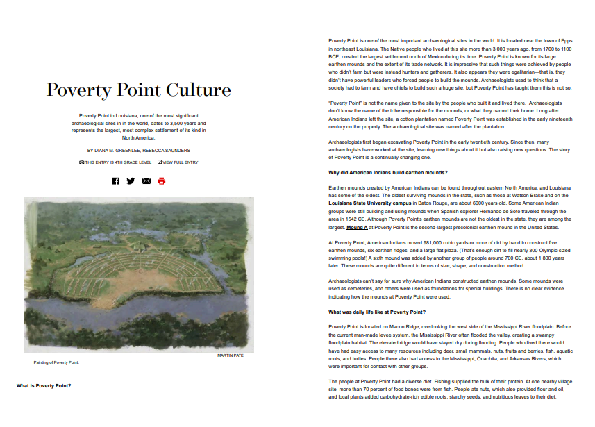 A screenshot of an encyclopedia entry on 64Parishes.org. One on side is a historical painting of the location and text is on the other. The full entry can be read at https://64parishes.org/entry/poverty-point-culture-adaptation#parent_links